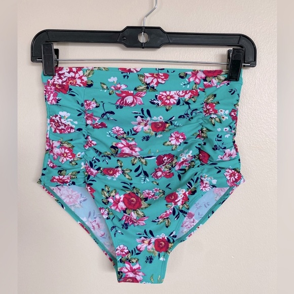 Coco Pear High waisted Teal and pink Floral Swim Bottoms size small - Picture 1 of 7
